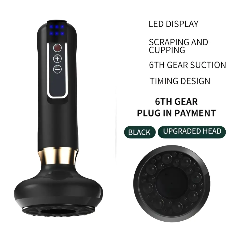 Black handheld electric vacuum cupping massager and gua sha device with gold accent and blue led display