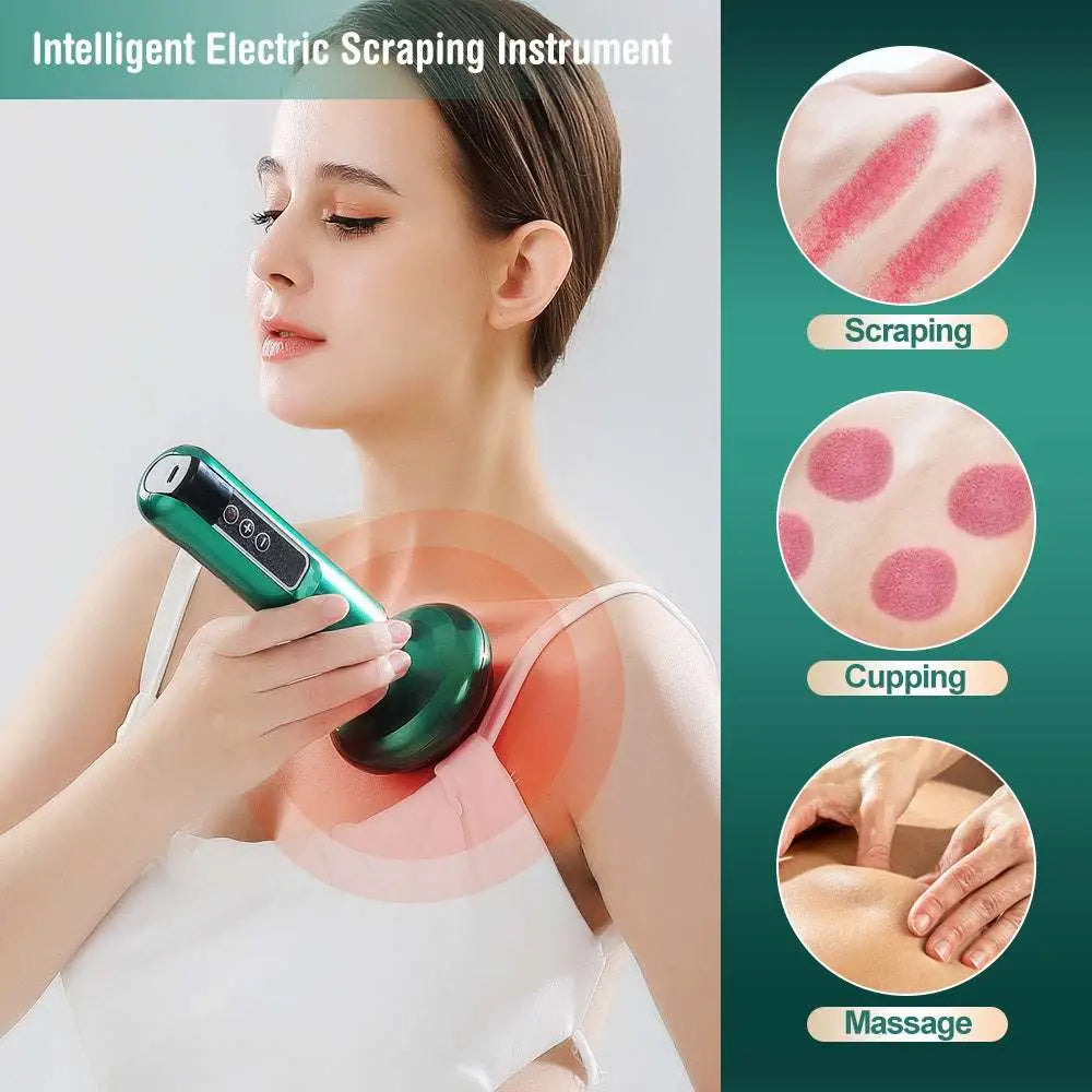 Green electric vacuum cupping massager and gua sha device with ergonomic design and digital control panel