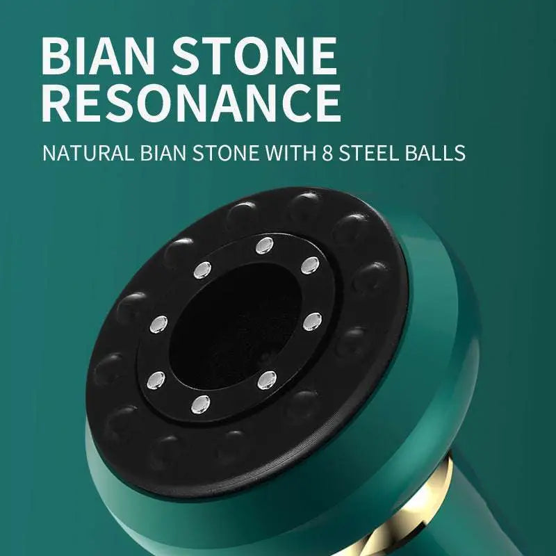 Teal-colored electric vacuum cupping massager and gua sha device with black circular top featuring eight steel balls