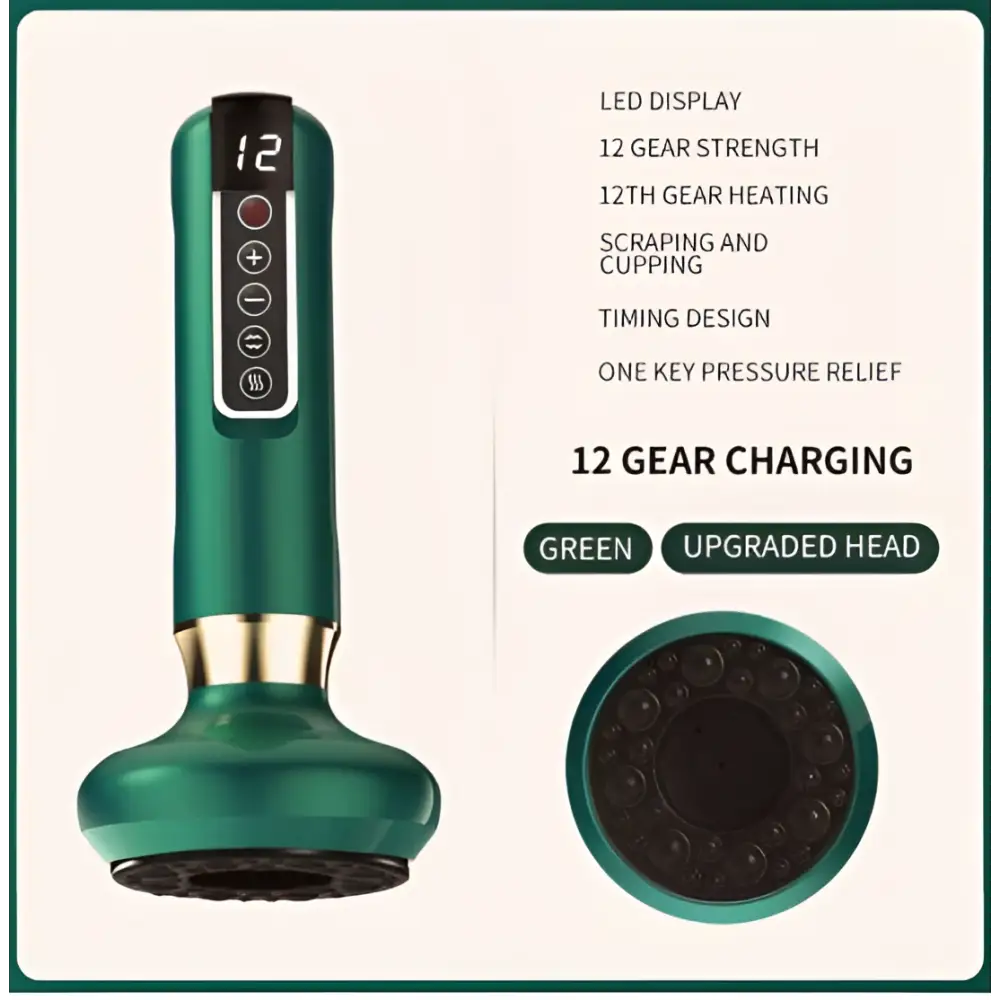 Teal-colored electric vacuum cupping massager with gold accent and digital led display gua sha device for massage