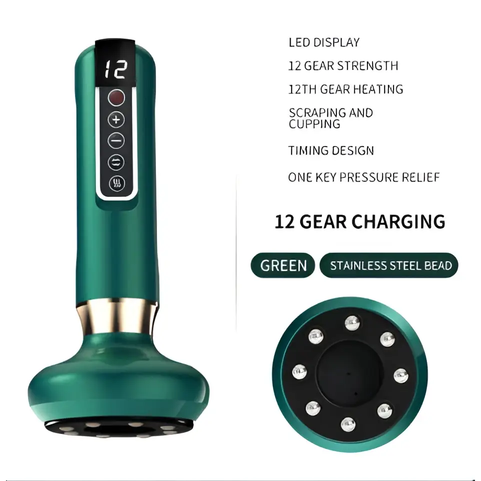 Teal-colored electric vacuum cupping massager with digital display and stainless steel beads gua sha device