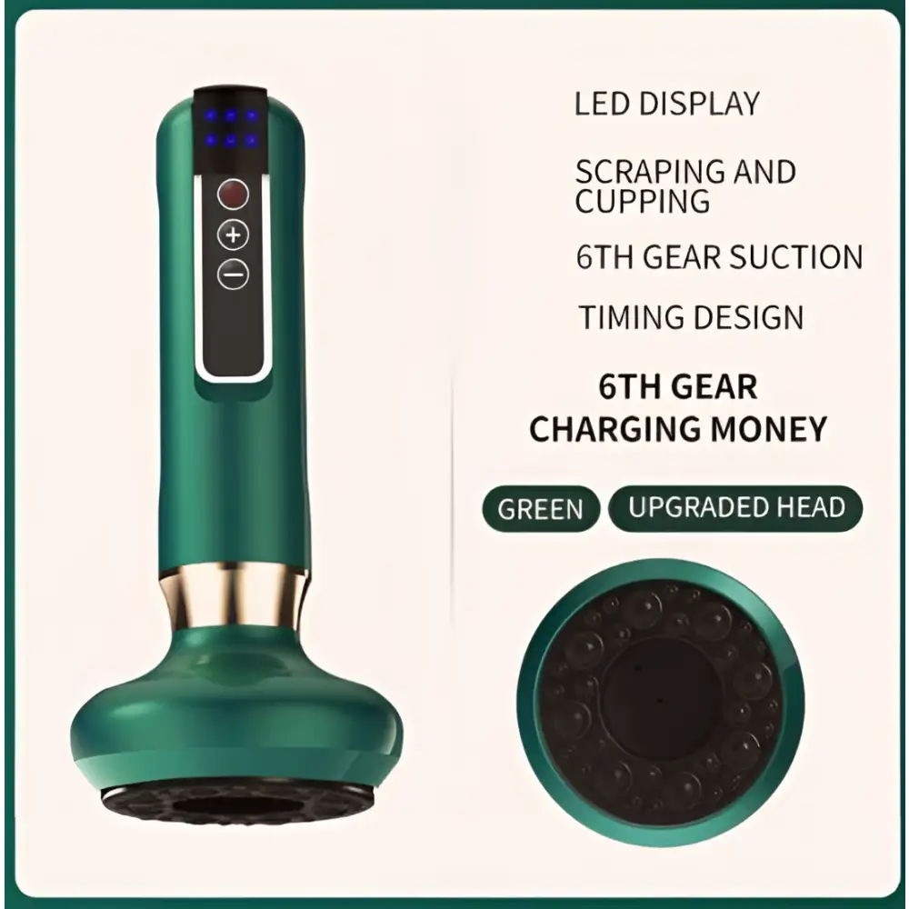 Teal-colored electric vacuum cupping massager and gua sha device with black suction cup head and led display panel on handle