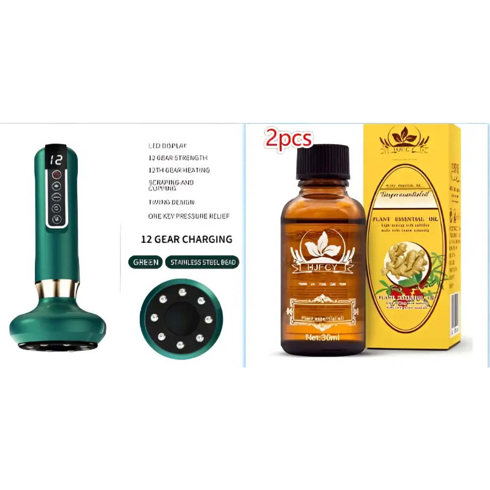 Green handheld teal-colored electric vacuum cupping massager with led display and stainless steel bead gua sha device
