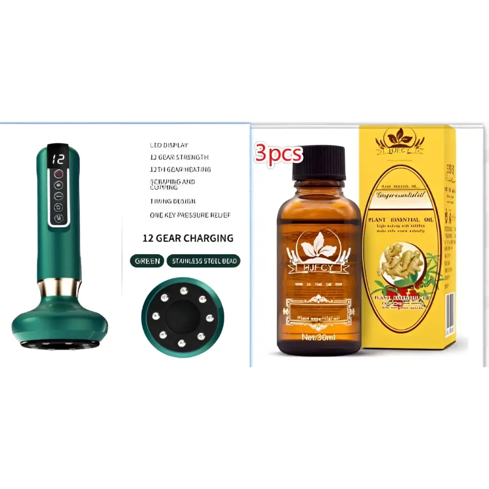 Teal-colored electric vacuum cupping massager with digital display and stainless steel bead head gua sha device