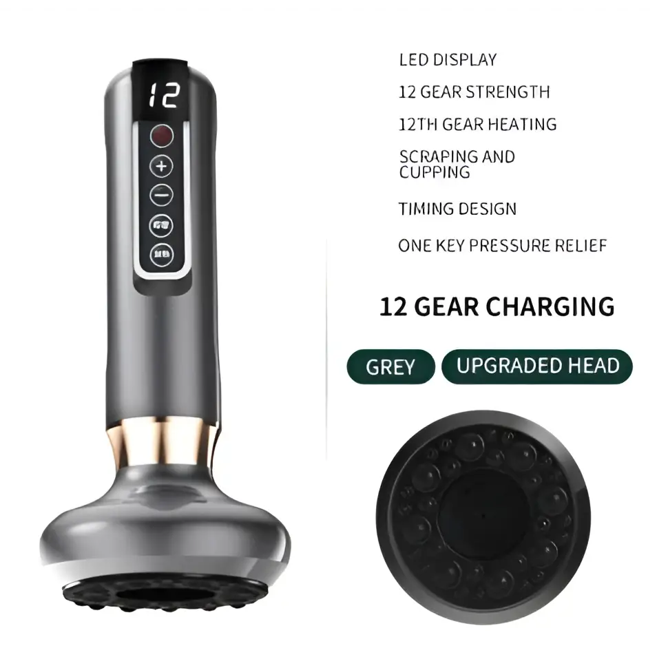 Black and gold electric vacuum cupping massager and gua sha device with digital display and 12 gear heating settings
