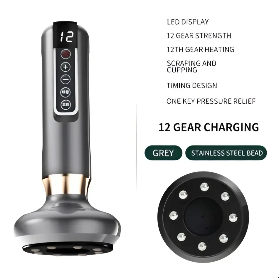 Grey stainless steel electric vacuum cupping massager and gua sha device with led display and 12 gear settings