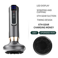 Grey handheld electric vacuum cupping massager and gua sha device with metallic finish gold accent and led control panel