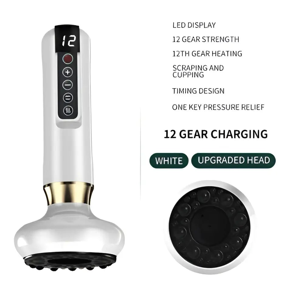 White and gold electric vacuum cupping massager and gua sha device with upgraded head and digital display showing 12 gears