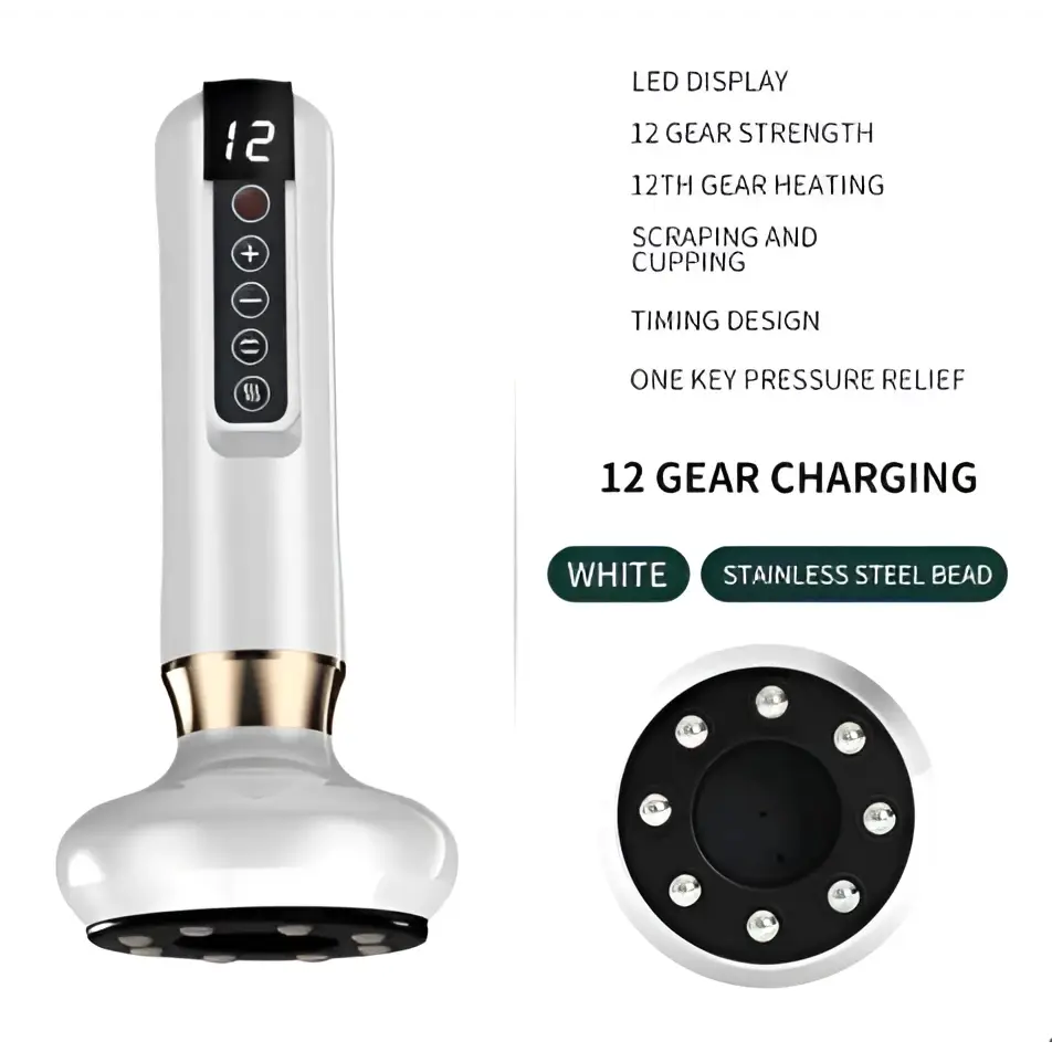 White and gold electric vacuum cupping massager and gua sha device with digital display and stainless steel bead base
