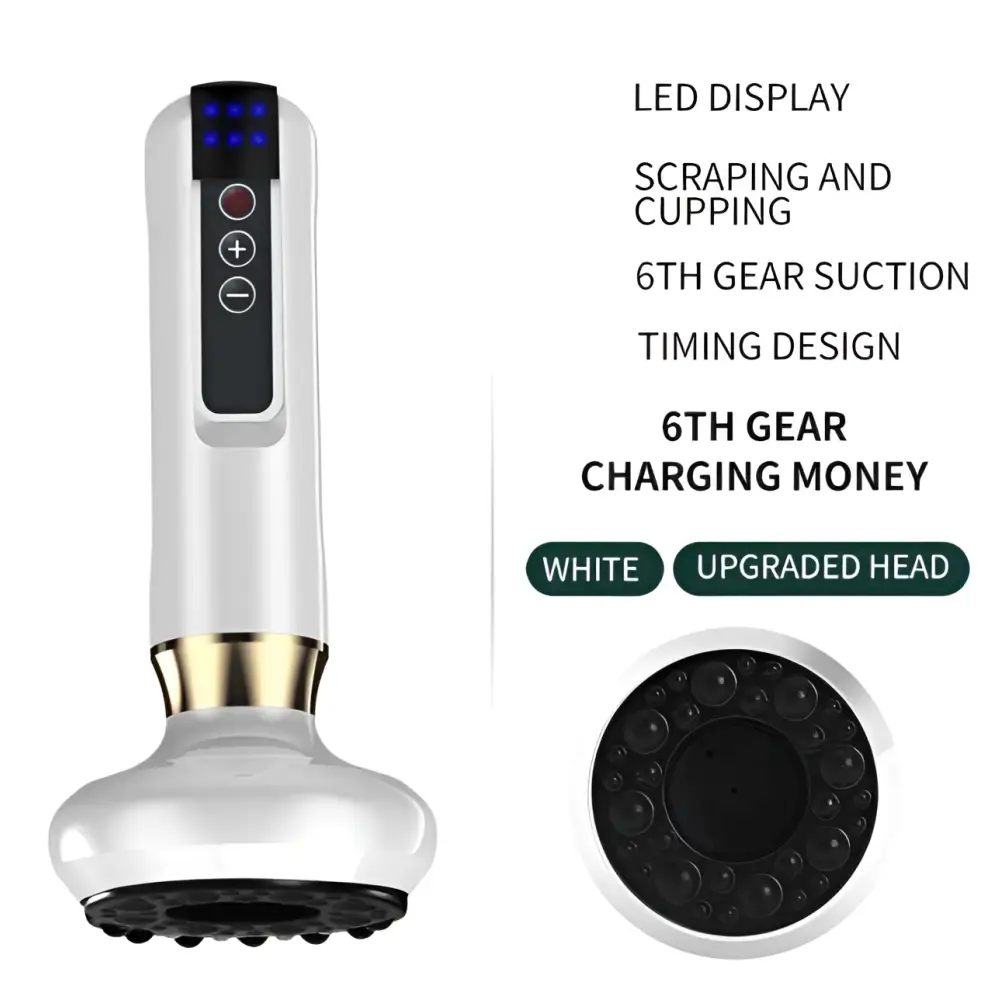White handheld electric vacuum cupping massager with gold accent and black suction head featuring led display and buttons