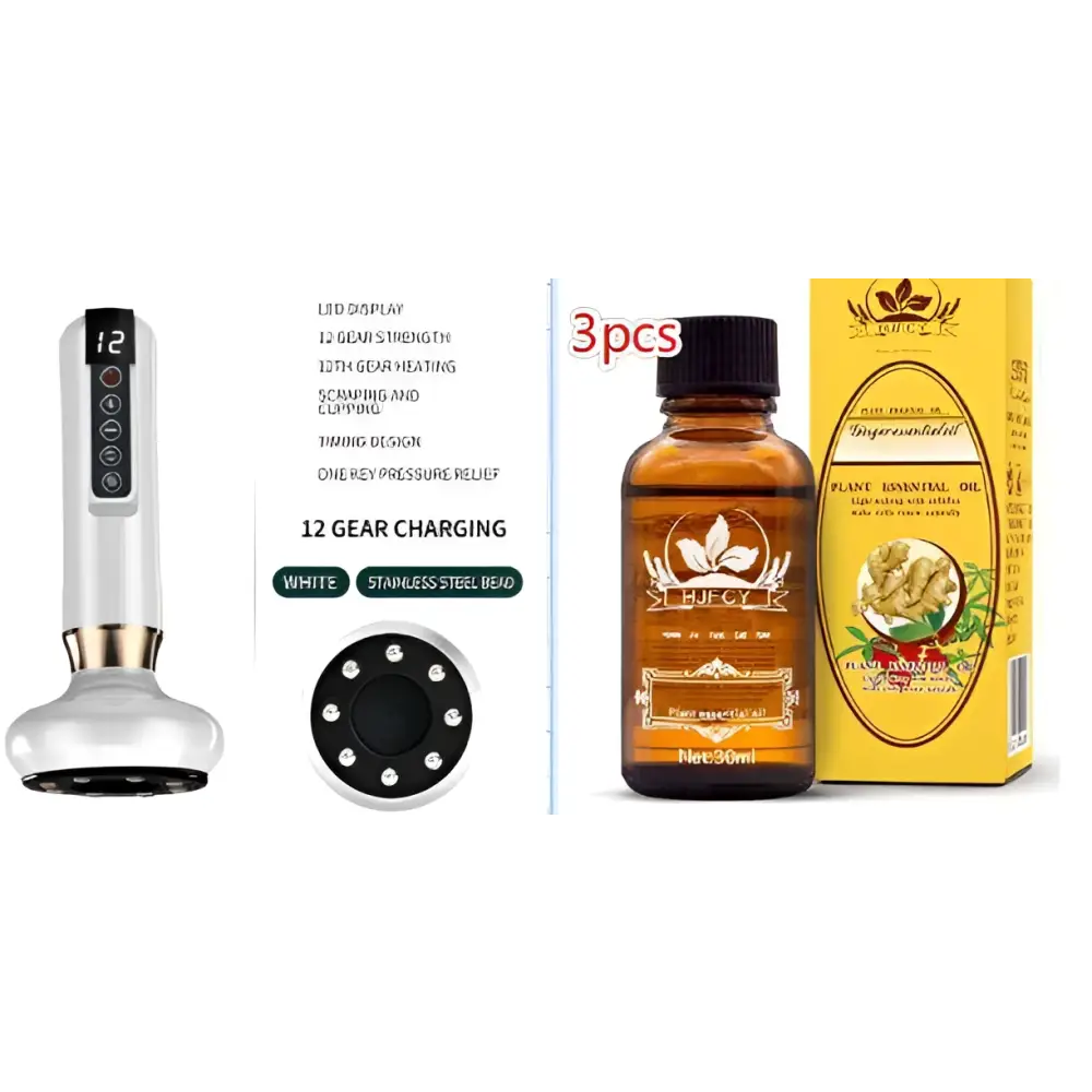White and silver electric vacuum cupping massager with led display 12 strength settings stainless steel beads and ginger oil bottle