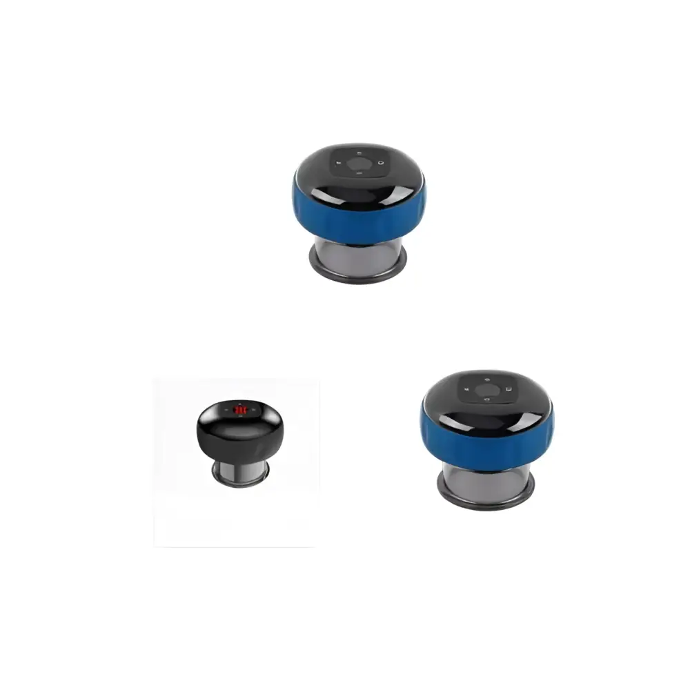 Electric vacuum cupping negative pressure massager in blue and black with circular control panel and heating model features