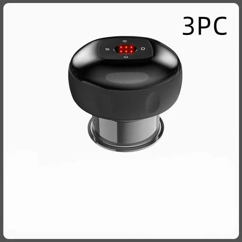 Electric vacuum cupping negative pressure massager with black glossy suction cup silver base and illuminated heating model panel