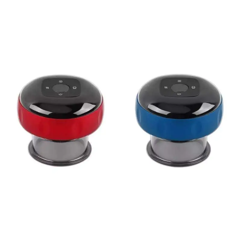 Red and blue electric vacuum cupping negative pressure massagers with glossy plastic bodies and black control panels