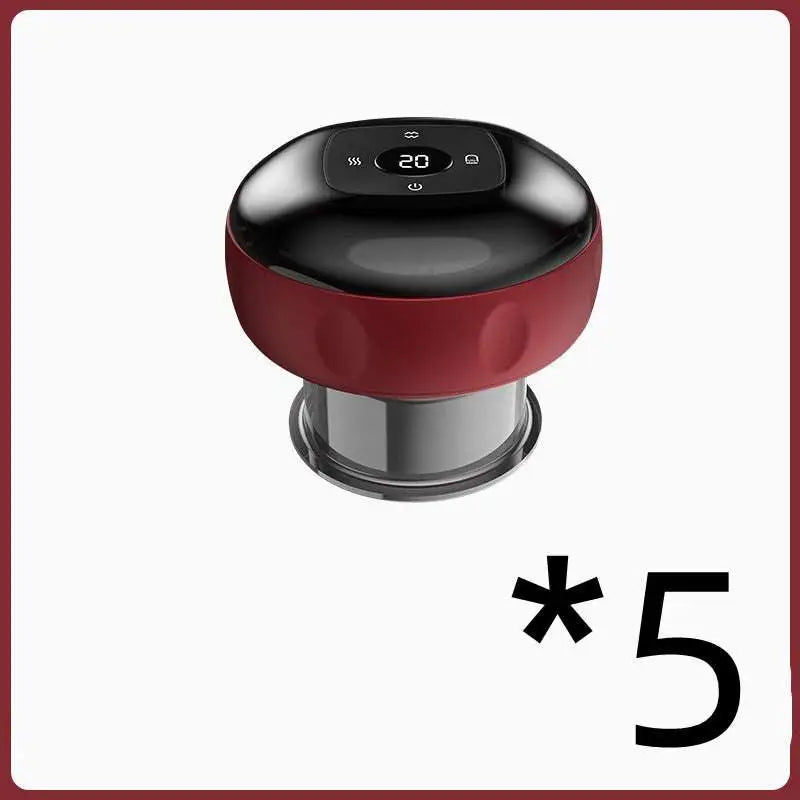 Red and black electronic acupressure massage device with a digital display showing temperature settings.