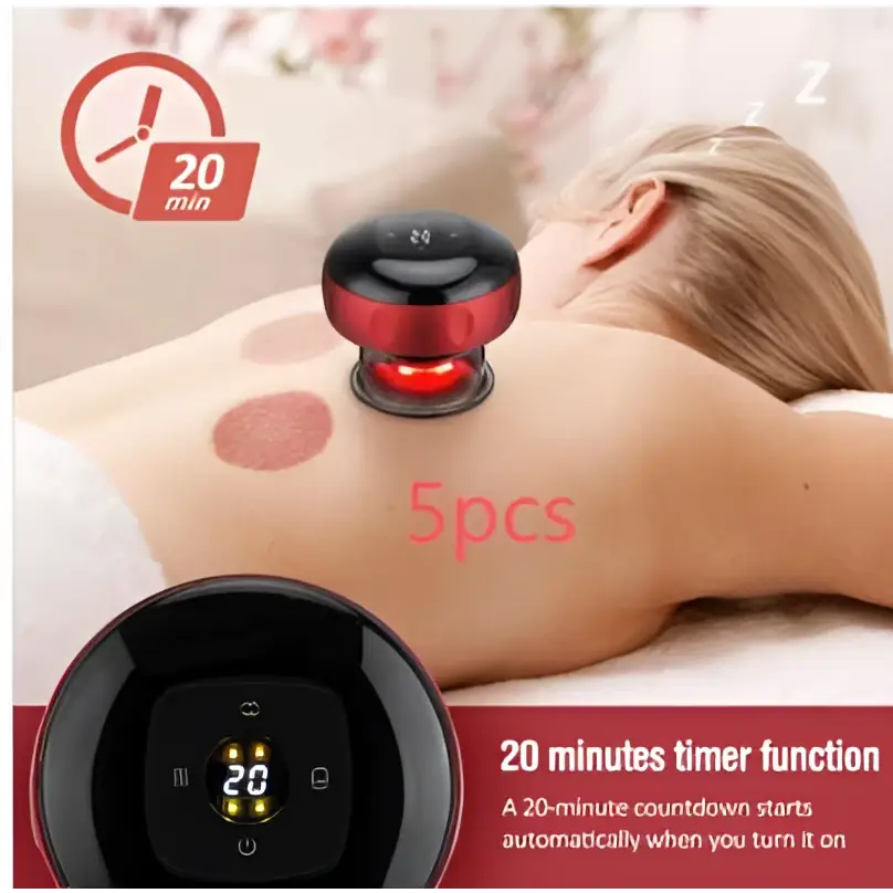 Red and black electric vacuum cupping negative pressure massager with digital timer display and heating model features