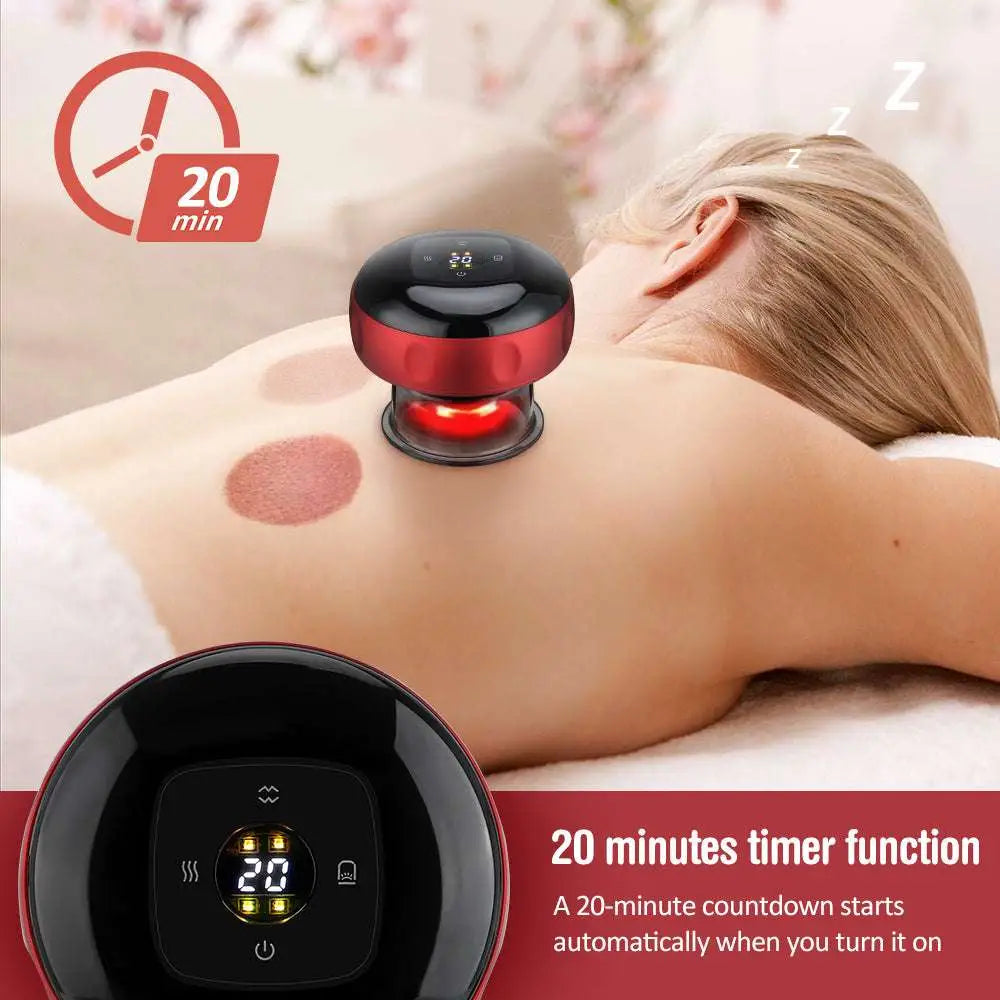 Red and black electric vacuum cupping negative pressure massager with digital timer display and heating model features