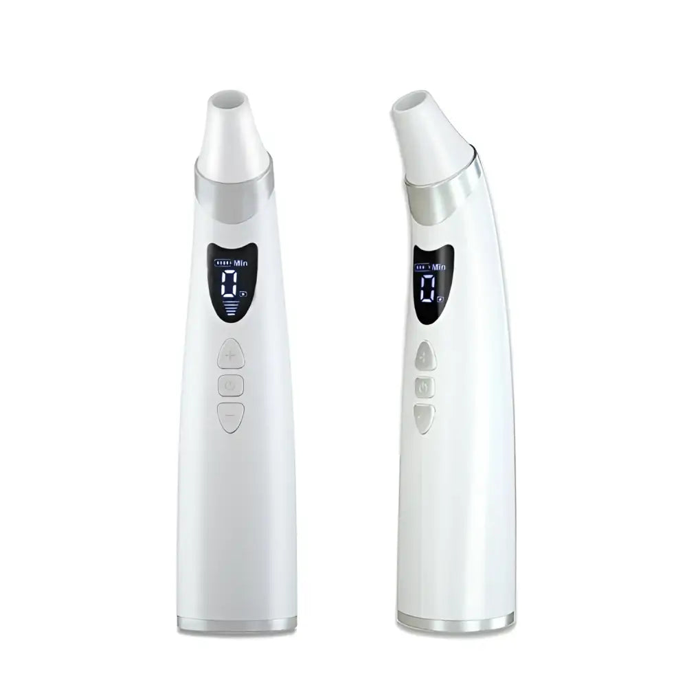 Two sleek white and silver electric visual blackhead suction devices with touch controls and a sleek ergonomic design