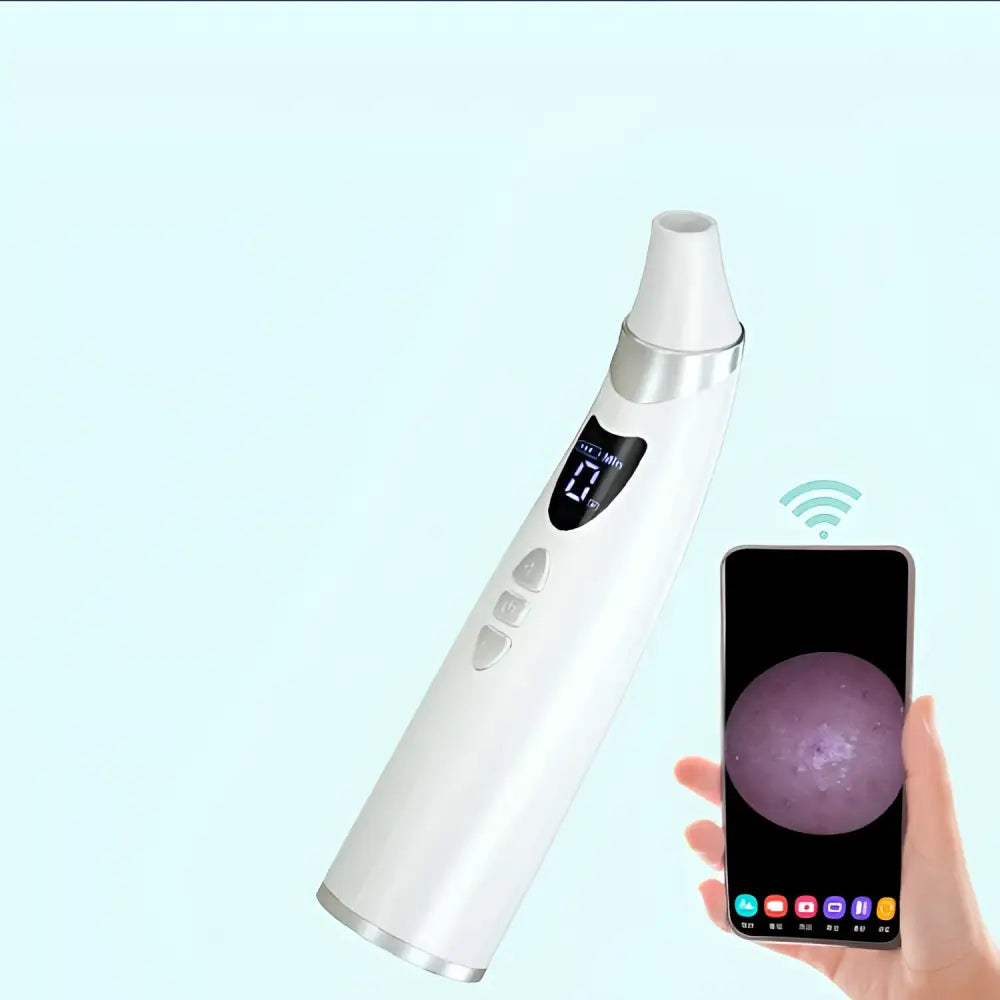 White and silver handheld electric visual blackhead suction with digital display and sleek ergonomic design for skin analysis