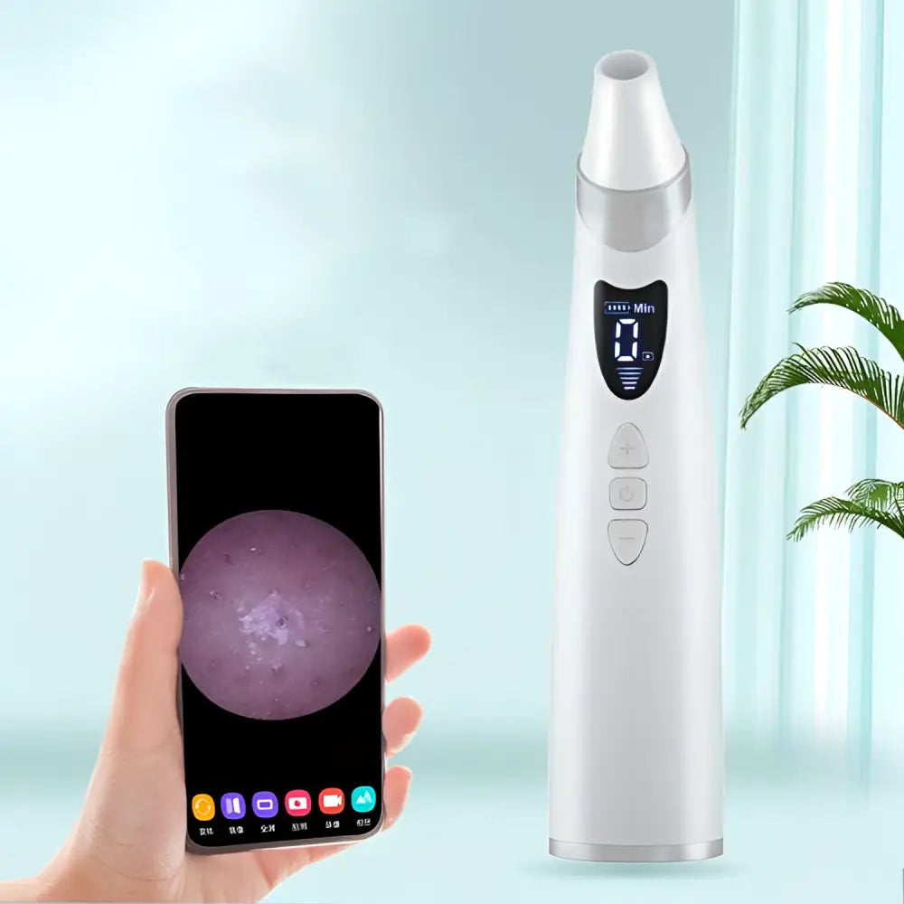 White handheld dermatoscope with digital display and control buttons for visual blackhead suction pore cleaning in sleek ergonomic design