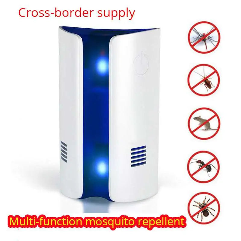 Electronic rat control device in white with blue internal lighting and ventilation slits for effective ultrasonic frequency use