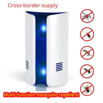 Electronic rat control device in white with blue internal lighting and ventilation slits for effective ultrasonic frequency use