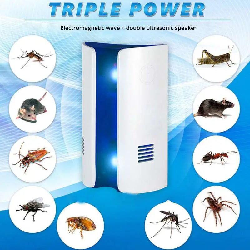 White and blue electronic rat control device with triple power pest repeller frequency ultrasonic and led lighting features