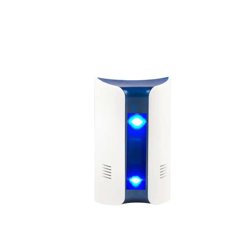 White and blue rectangular electronic rat control device with frequency ultrasonic and two glowing blue LED lights on front panel