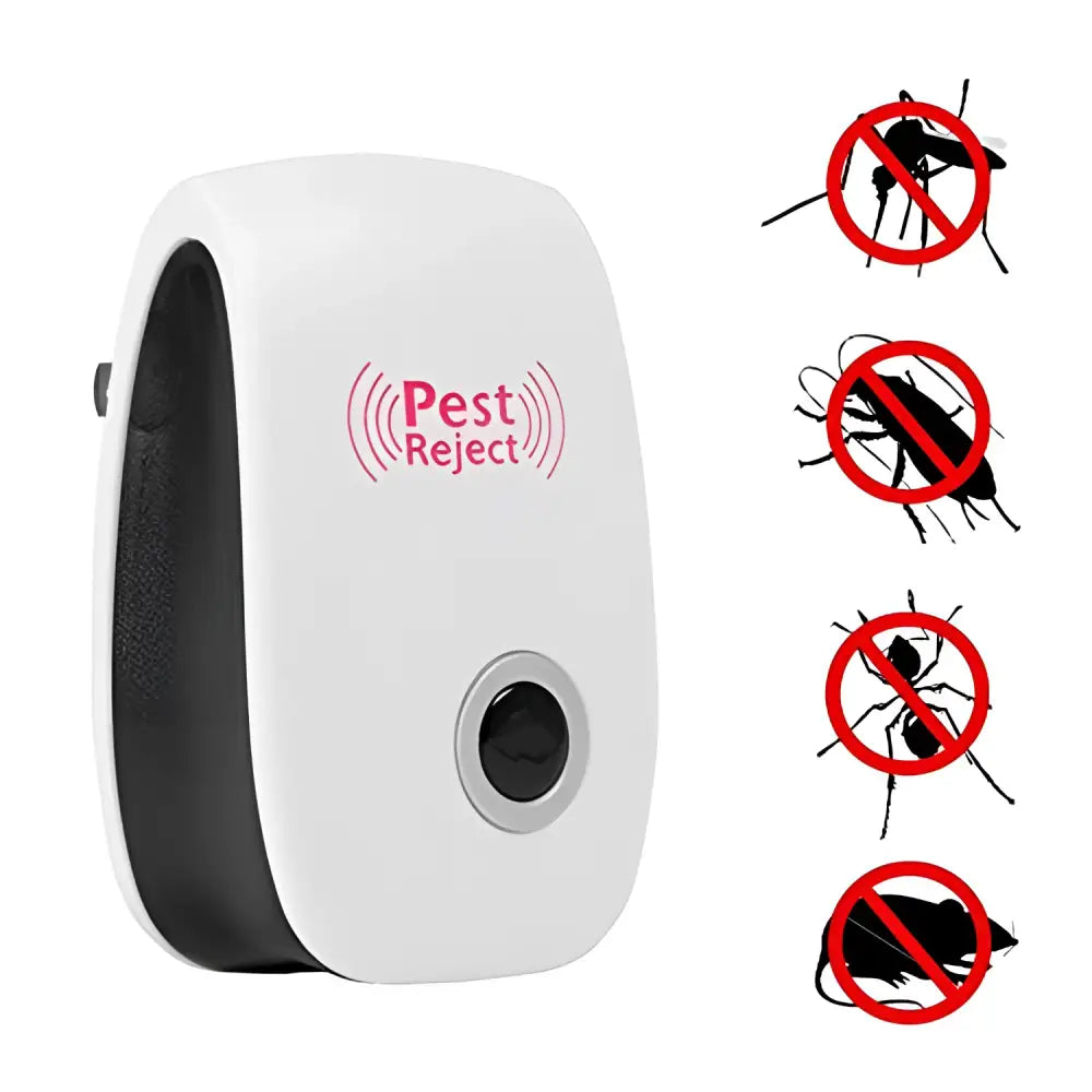 White and black electronic ultrasonic healthy pest repeller plug with pink branding for effective pest control