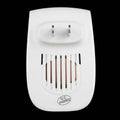 White plastic electronic ultrasonic healthy pest repeller plug with two metallic prongs and ventilation slits