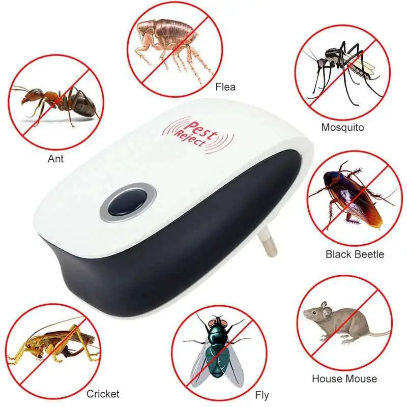White and black electronic ultrasonic healthy pest repeller plug with pest reject branding for indoor pest control