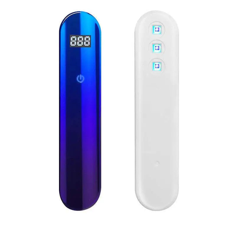 Blue and white handheld electronic uv disinfection stick royale essence lux nail dryers with digital displays and illuminated buttons