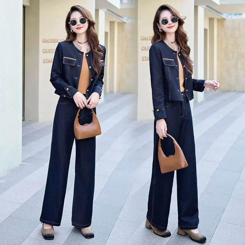 Brown leather handbag with curved top handle and black interior lining paired with elegance retro casual denim jacket and pants set featuring gold-tone buttons