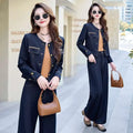 Dark blue casual denim jacket with gold-tone buttons and flap pockets from elegance retro casual set