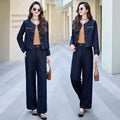 Dark blue denim elegance retro casual two-piece outfit with gold-tone buttons and a tan top featuring a casual denim jacket