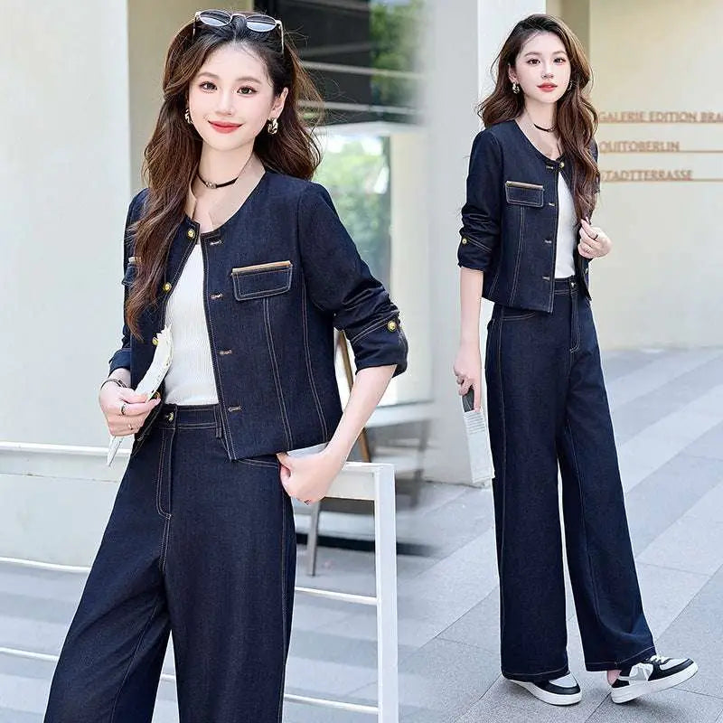 Dark blue casual denim jacket with gold-tone buttons and flap pockets from elegance retro casual set