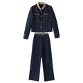 Dark blue casual denim jacket and wide-leg jeans set with beige collar and gold-tone buttons elegance retro casual