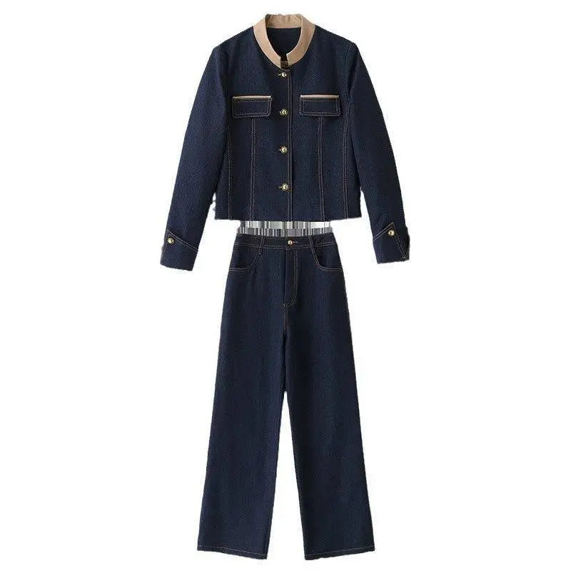Dark blue casual denim jacket and wide-leg jeans set with beige collar and gold-tone buttons elegance retro casual