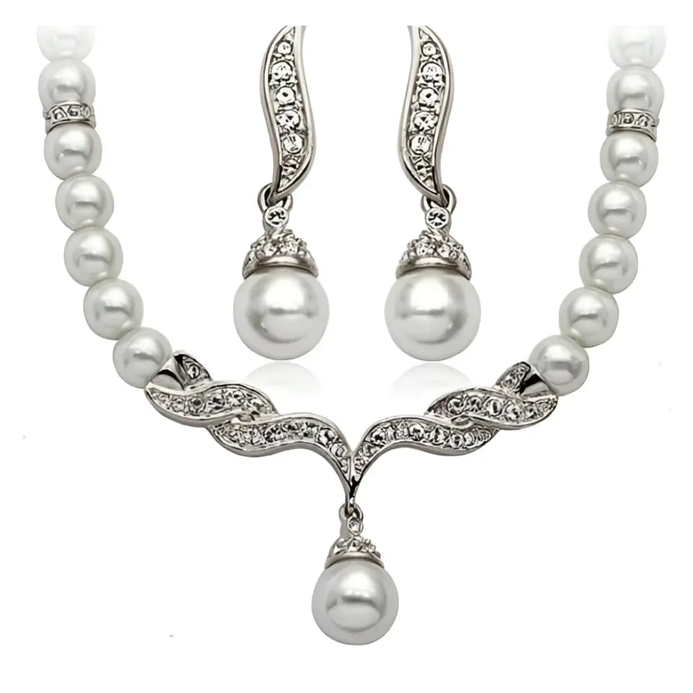 Silver-toned elegant angel wings pearl necklace with central drop pendant and crystal-encrusted curved ear cuffs wings pearl set