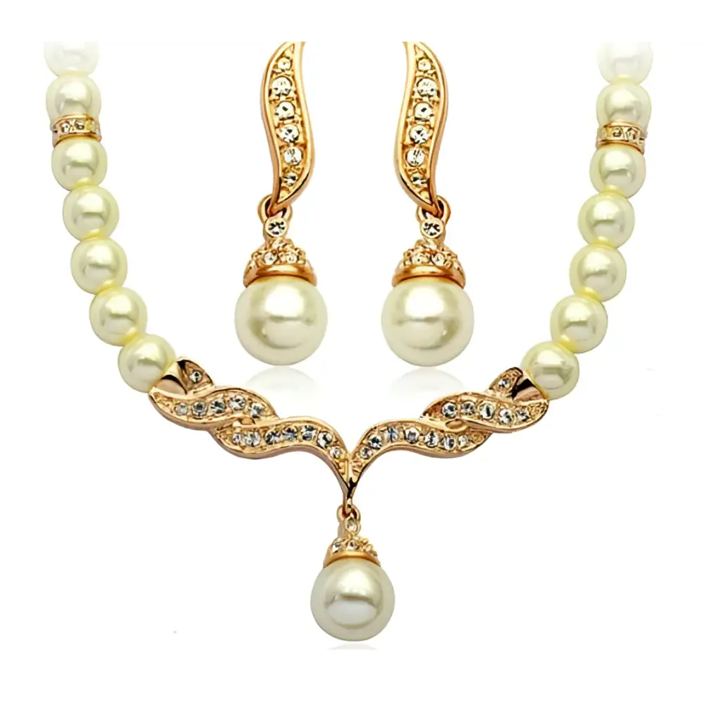 Elegant angel wings gold-toned pearl necklace and earring set with central pendant and sparkling crystal accents