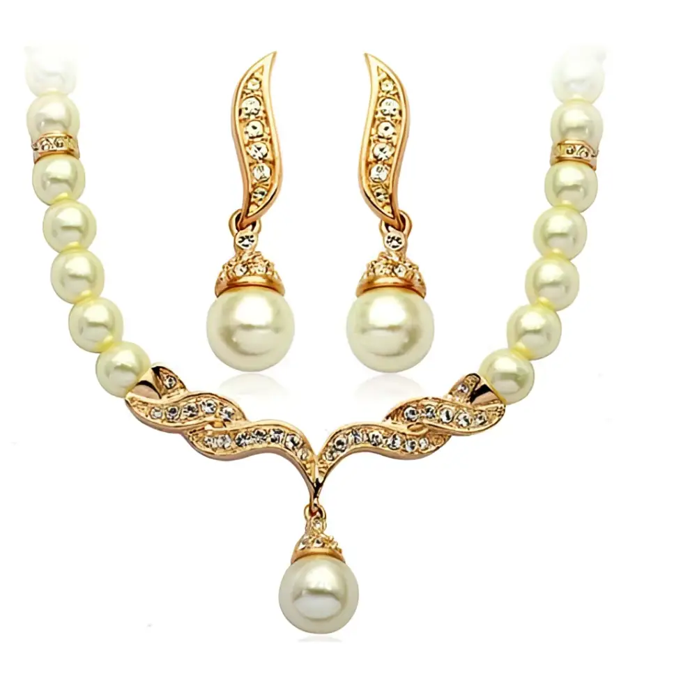 Elegant angel wings gold-toned pearl necklace and matching earrings set with central pendant and crystal accents