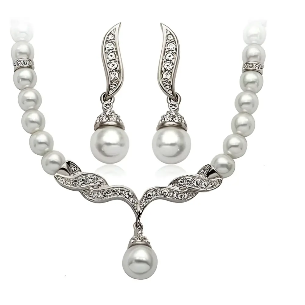 Silver-toned elegant angel wings pearl necklace with twisted design and matching rhinestone drop earrings wings pearl set