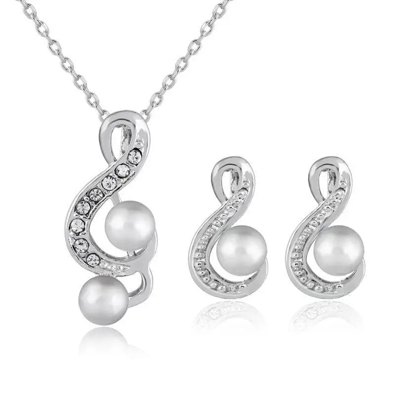 Elegant bride wedding silver musical note pearl two piece set with rhinestone treble clef necklace and earrings