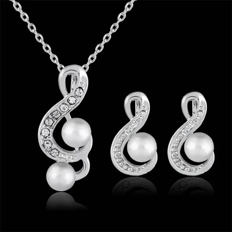 Elegant bride wedding silver musical note pearl two piece set with rhinestones and white pearl dangles for bridal fashion