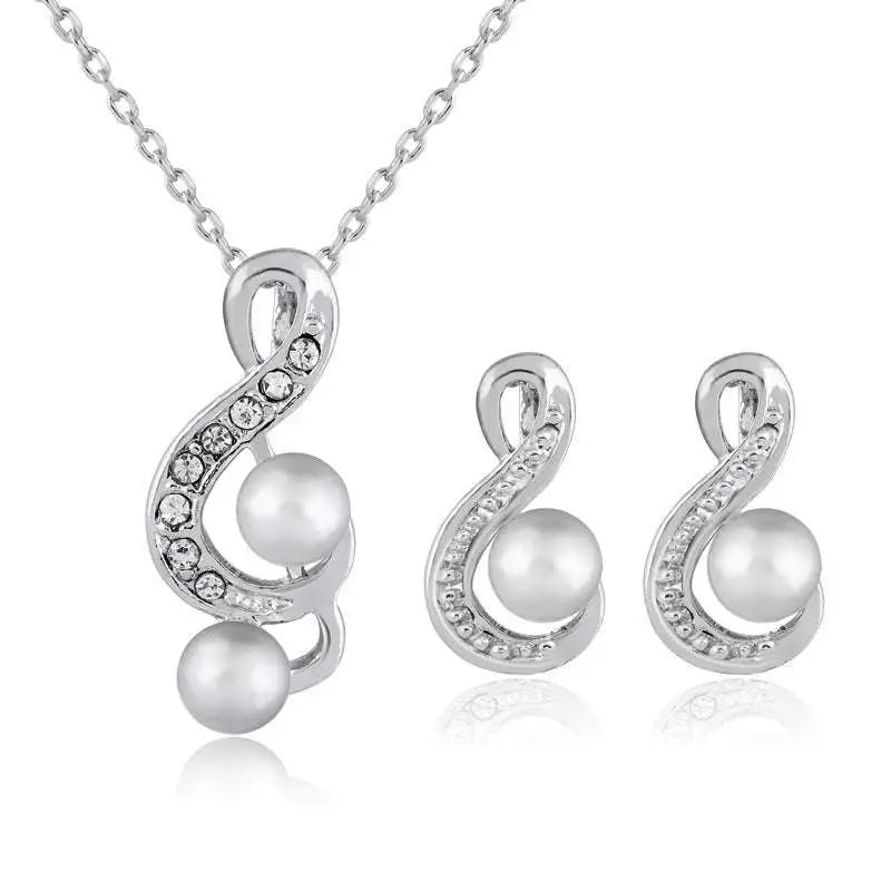 Elegant bride wedding silver musical note pearl two piece set featuring rhinestone treble clef necklace and earrings