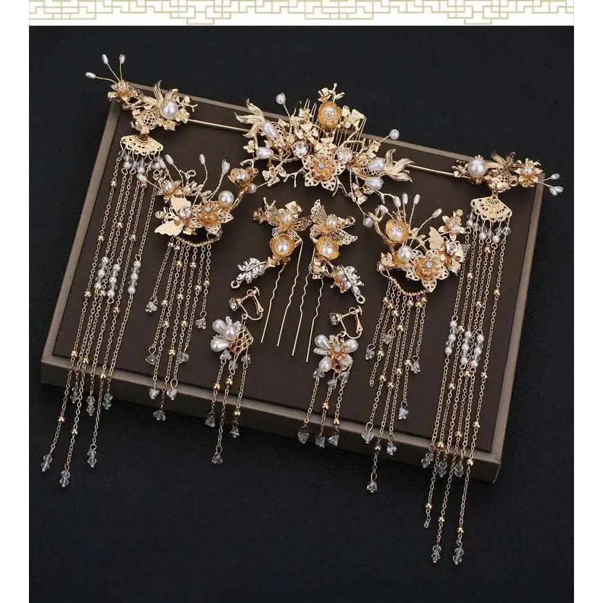 Elegant gold-colored ornate chinese bridal jewelry featuring pearls crystals and intricate floral designs for weddings