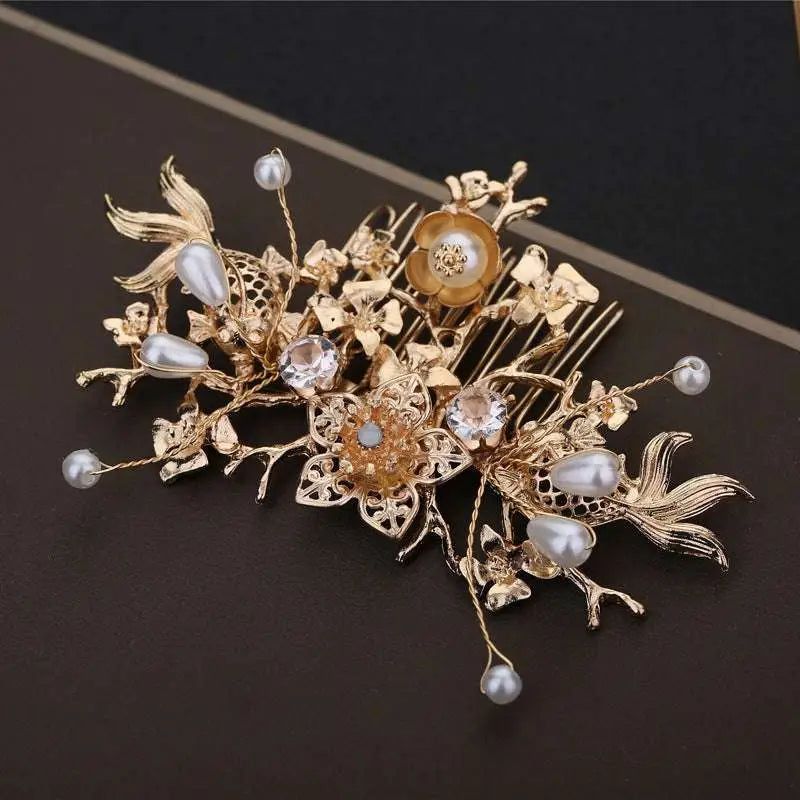 Elegant chinese bridal jewelry gold-colored ornate hair comb with intricate floral designs pearls and crystal accents