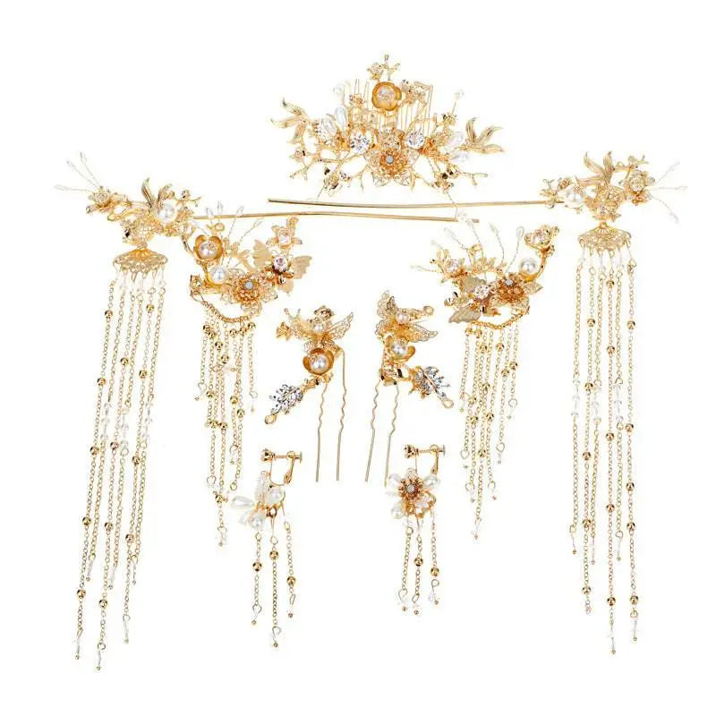 Elegant chinese bridal jewelry gold-colored ornate hair accessories with intricate floral designs pearls crystals tassels
