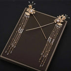 Elegant chinese bridal jewelry featuring gold-colored ornate hairpins with intricate floral designs pearls and crystals
