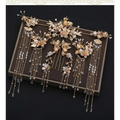 Elegant chinese bridal jewelry featuring gold-colored ornate hair accessories with pearls crystals and intricate floral designs